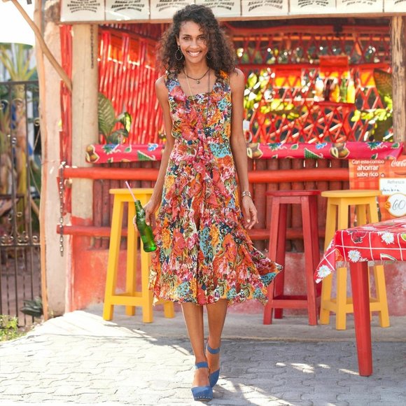 Sundance Dresses & Skirts - Sundance Silk Floral Ruffled V-Neck Havana Dress Orange Women's Size 4 H11297